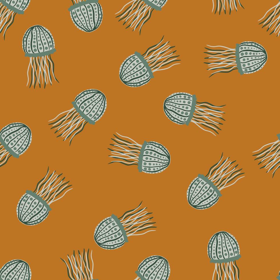 Sealife seamless pattern with doodle hand drawn jellyfishes. Random underwater ornament in blue tones on dark orange background. vector