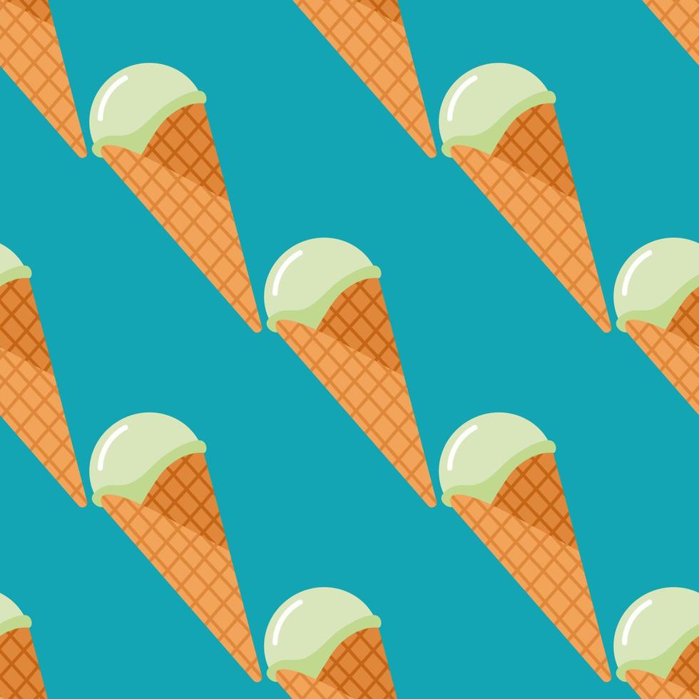 Bright seamless pattern with ice cream in waffle cone. Blue background. Orange wafer cone and light cream. vector