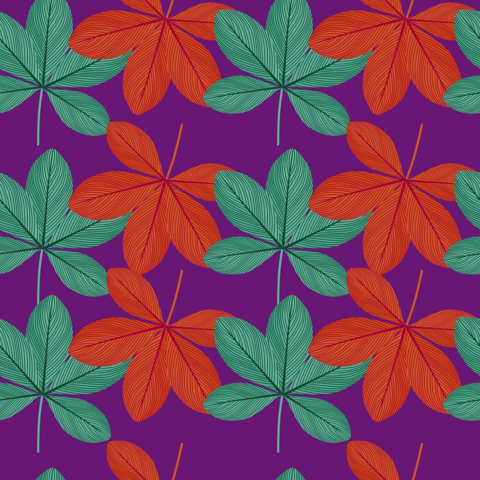Bright botanic seamless pattern with red and green doodle scheffler flowers print. Purple background. vector