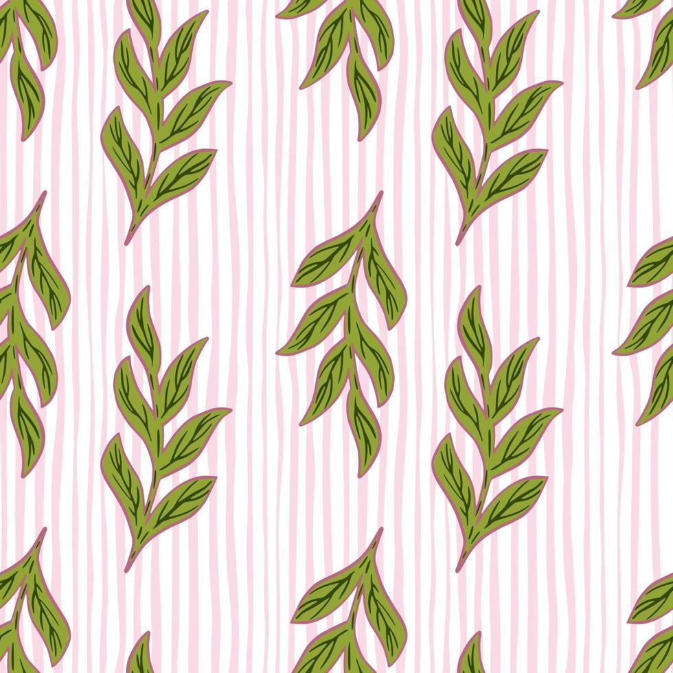 Creative seamless pattern with green doodle outline branches print. Light striped background. vector