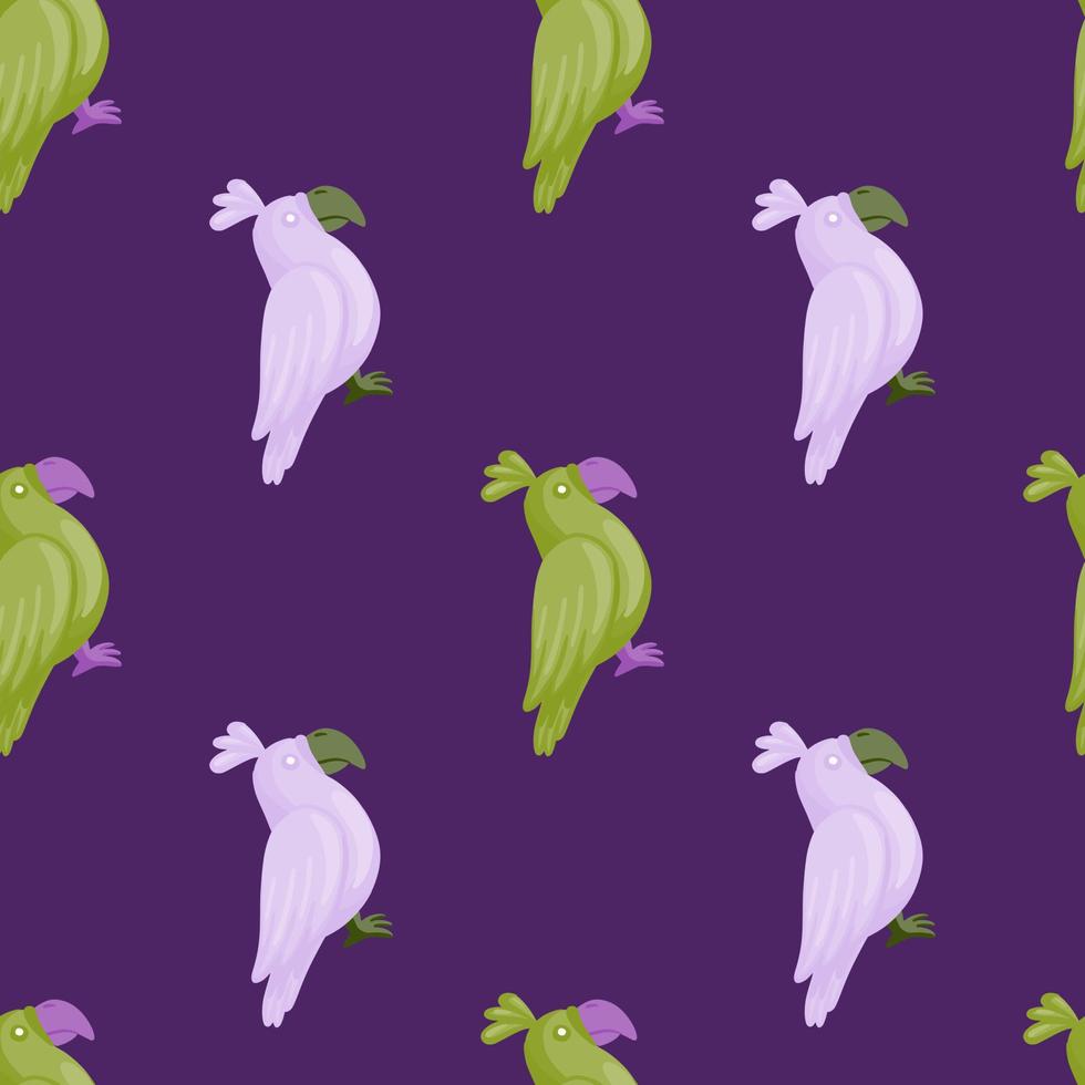 patrón animal sin costuras con siluetas de loros verdes y lilas. fondo morado estilo dibujado a mano. vector