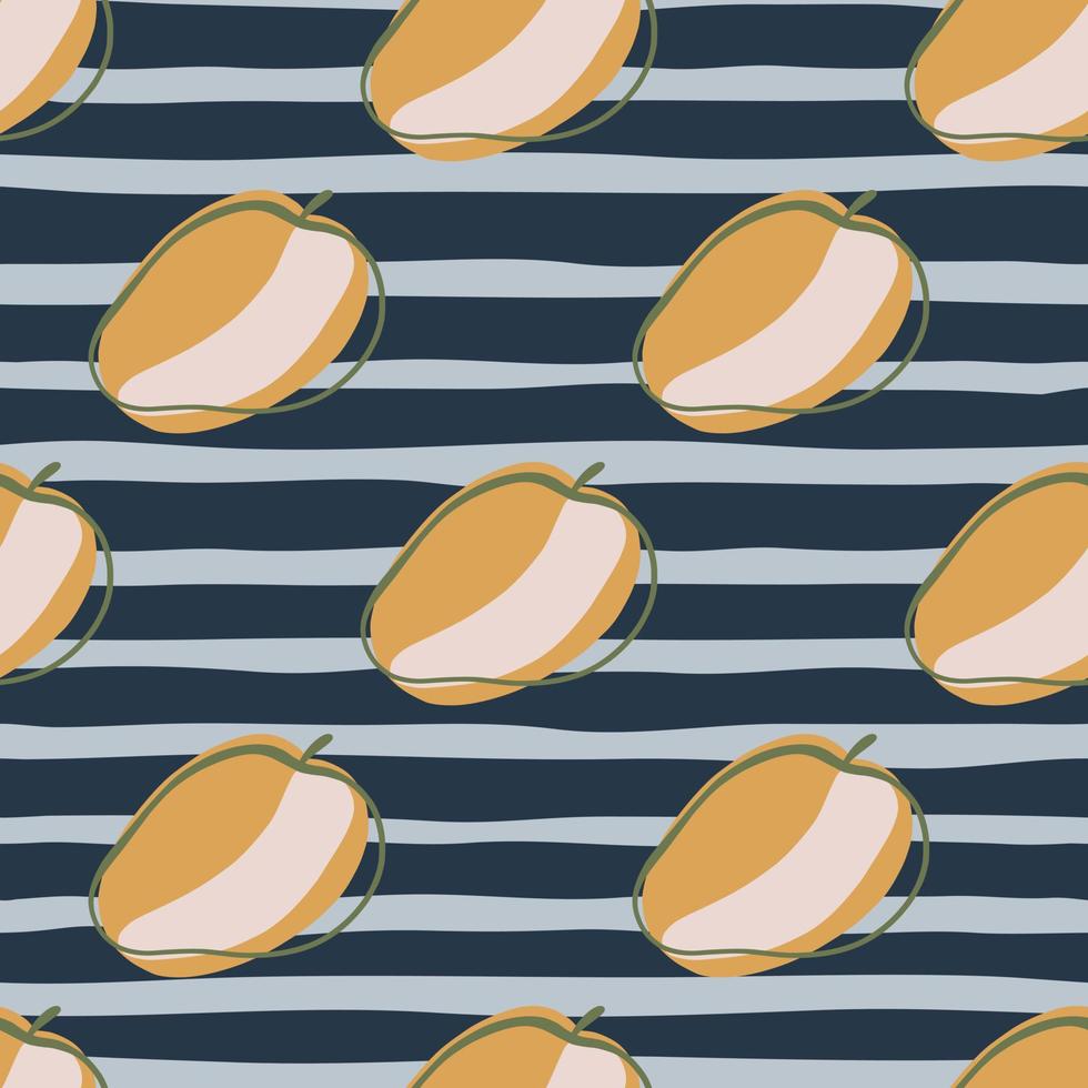 Abstract seamless pattern with orange apricot elements print. Blue striped background. Hand drawn style. vector