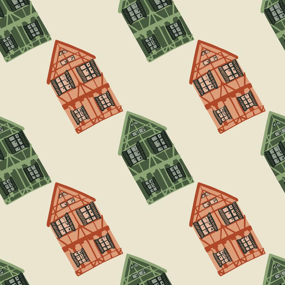 Europe building seamless pattern with orange and green house silhouettes. Light pastel background. vector