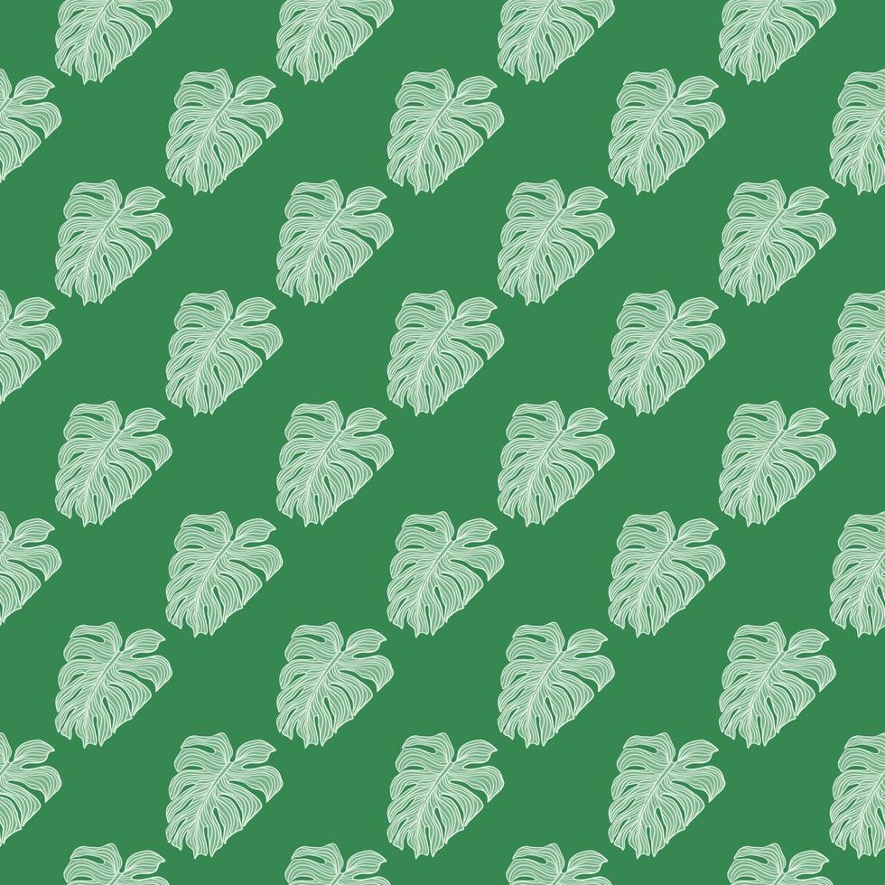 Geometric botanical leaves silhouette seamless pattern on green background. Tropic monstera foliage backdrop. vector