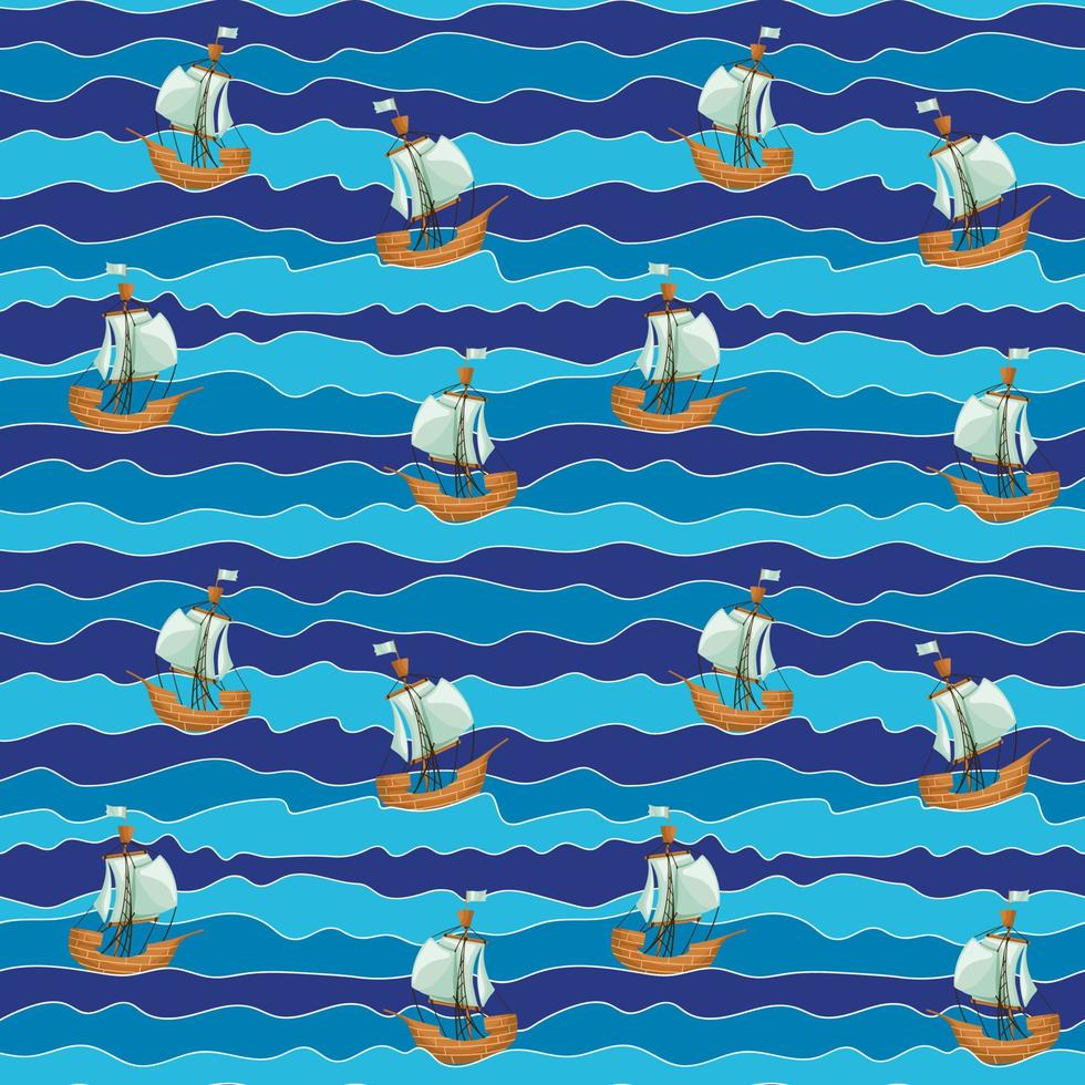 Ship on wave seamless pattern. Boat in ocean background. vector