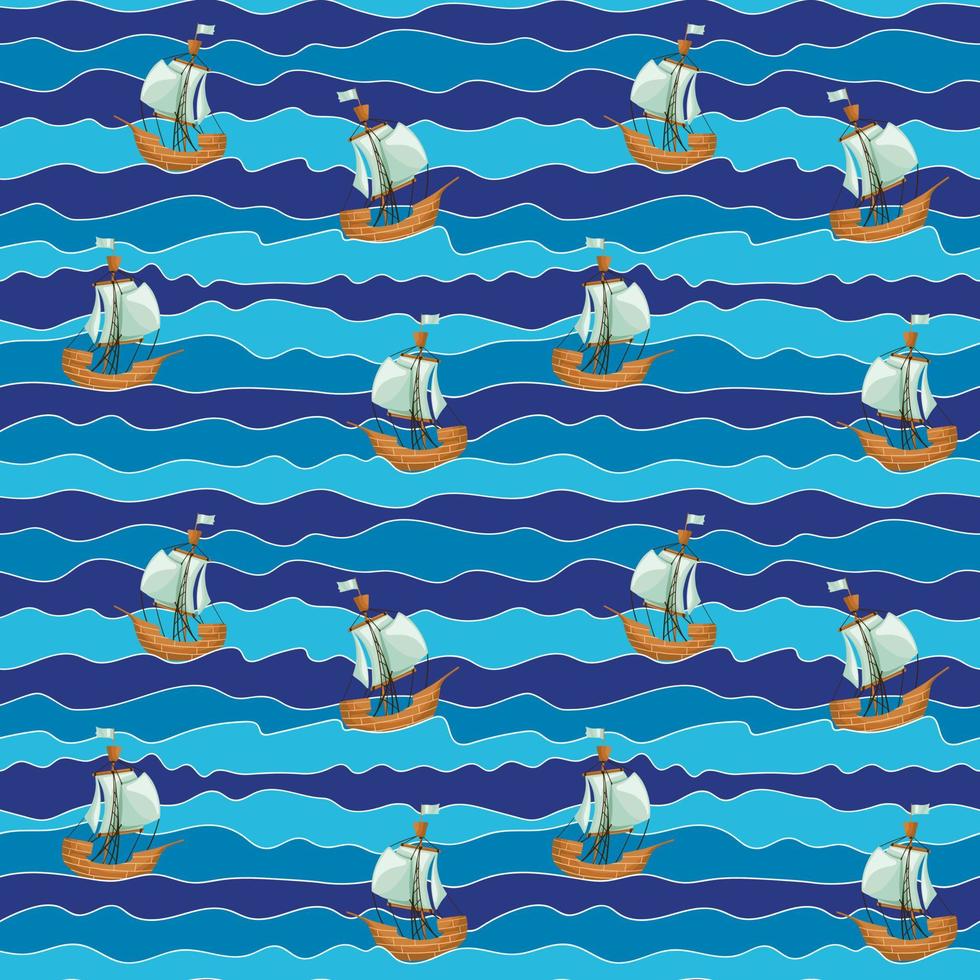 Ship on wave seamless pattern. Boat in ocean background. vector