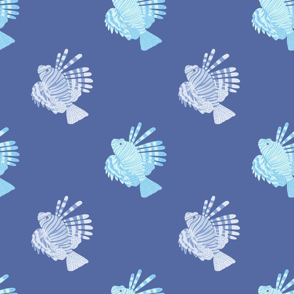 Simple ocean style seamless pattern with bright lionfish silhouettes. Blue background. Abstract print. vector