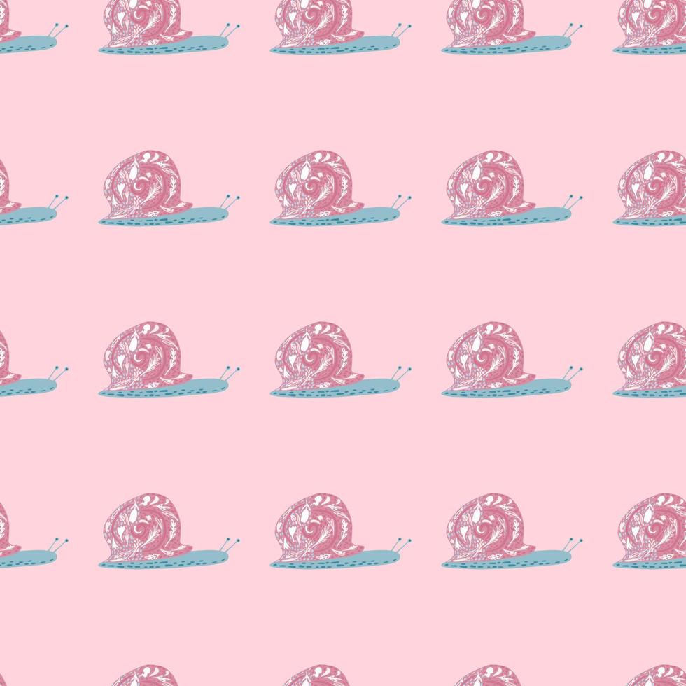 Tender seamless wildlife pattern with childish snails elements. Pink and blue colored animals on light pink background. vector