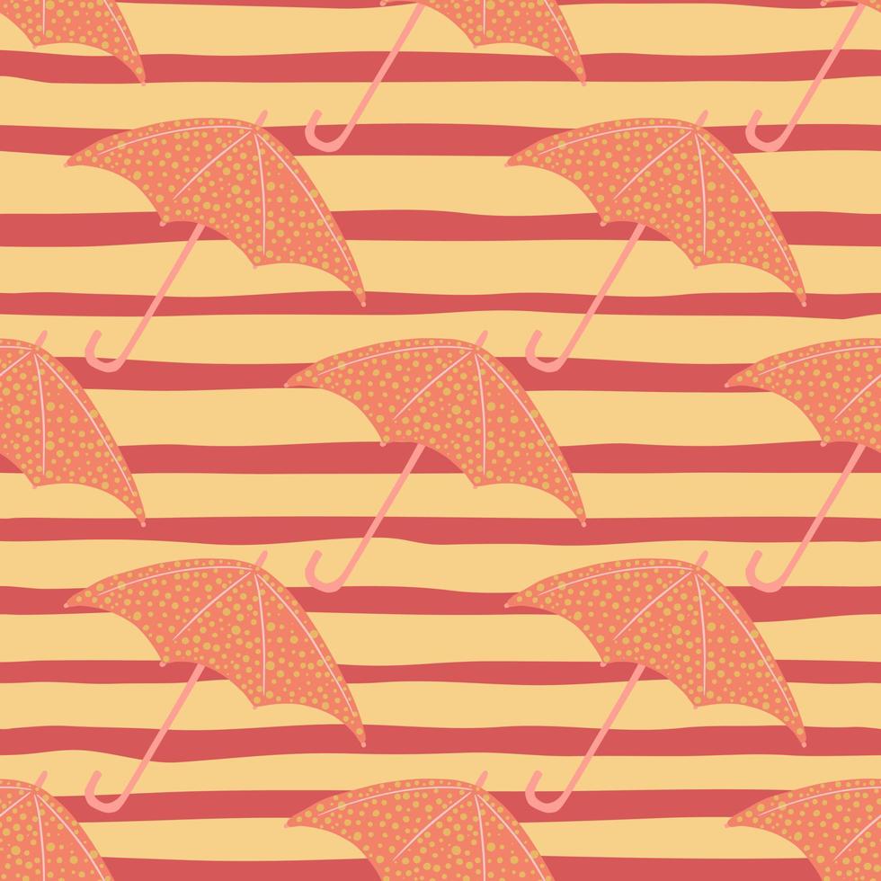 Decorative seamless pattern with doodle umbrella orange silhouettes. Striped background with maroon lines. vector