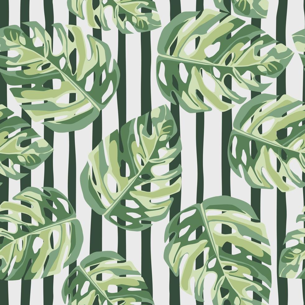 Green monstera leaves floral random seamless pattern. White background with black strips. Hand draw wallpaper. vector