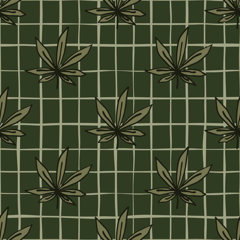 Dark marijuana seamless botanic pattern. Sheet contoured leafs and background with check in green tones. vector