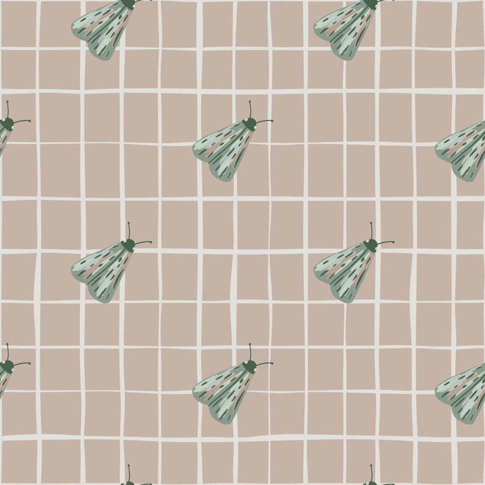 Pale green folk moles seamless doodle pattern. Hand drawn insect silhouettes on beige chequered background. vector