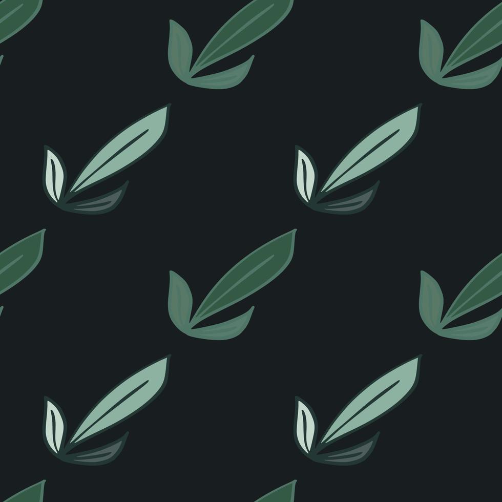 Minimlistic dark seamless pattern with green outline leaves ornament. Black background. Simple style. vector