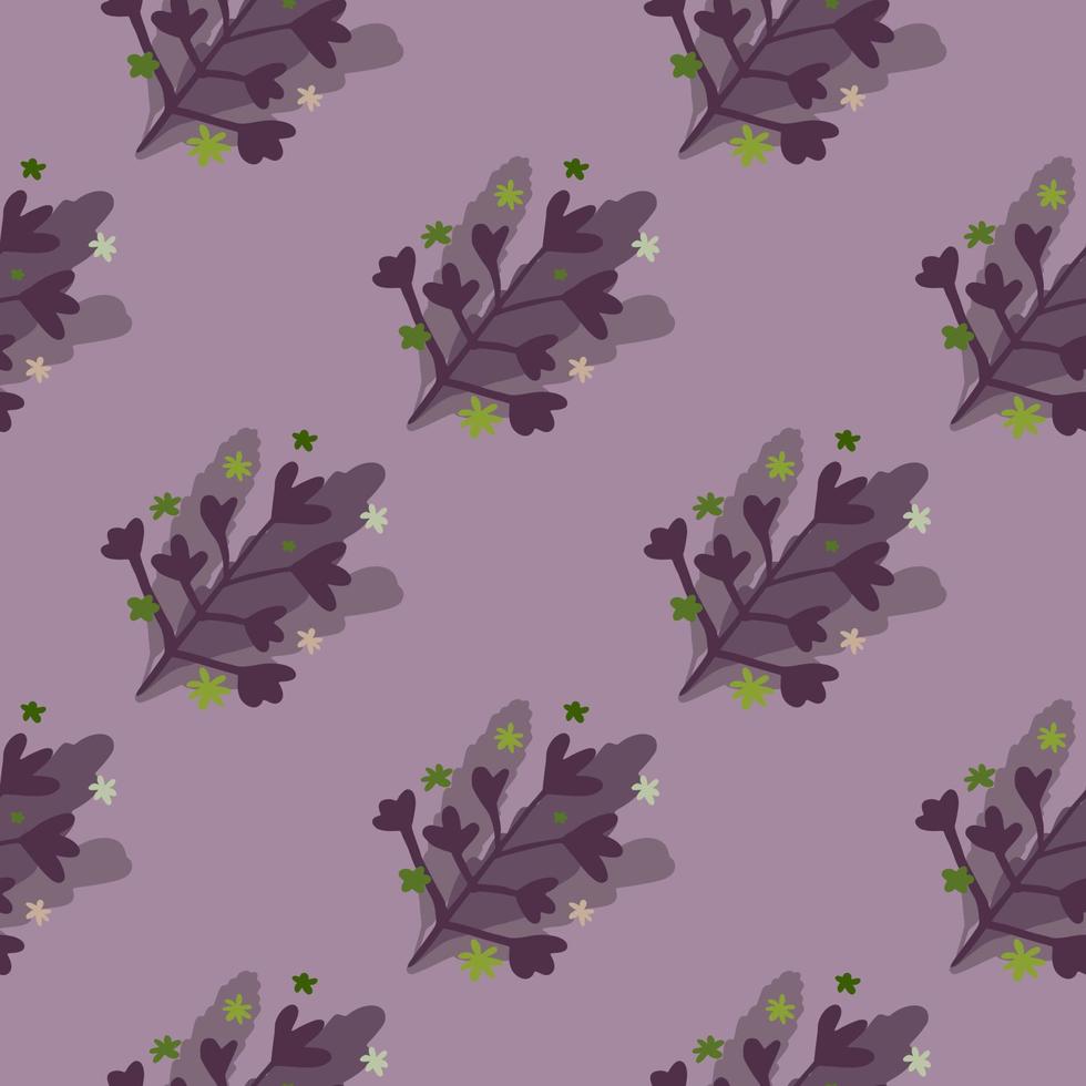 Floral abstract foliage ornament seamless pattern. Pastel purple background. vector