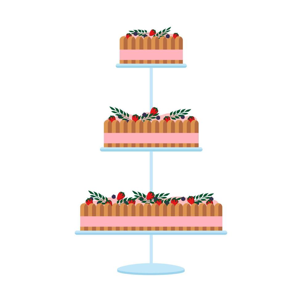 lindos pasteles de boda con decoración floral aislados en un fondo blanco. vector