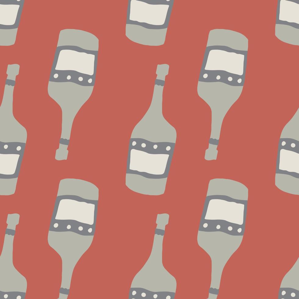 Doodle glass bottle seamless pattern on red background. Alcohol bar bottles in doodle style. vector