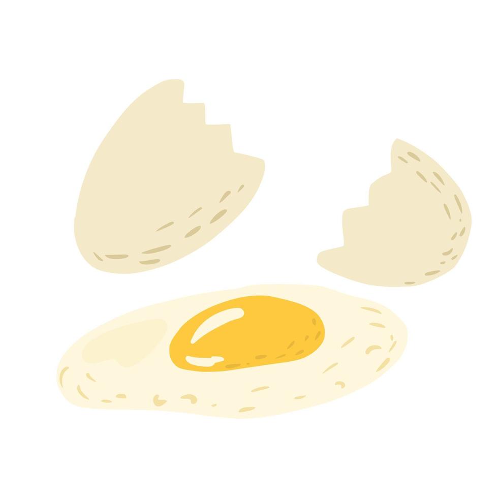 Fried egg with eggshell isolated on white background. Healthy meal in doodle. vector