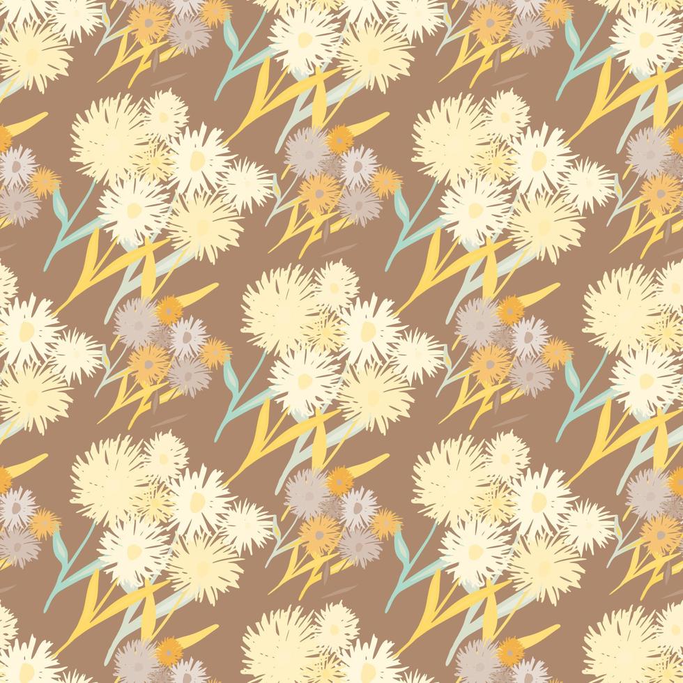 Seamless autumn doodle pattern with soft yellow blowball flowers bouquet. Pastel brown background. Creative design. vector