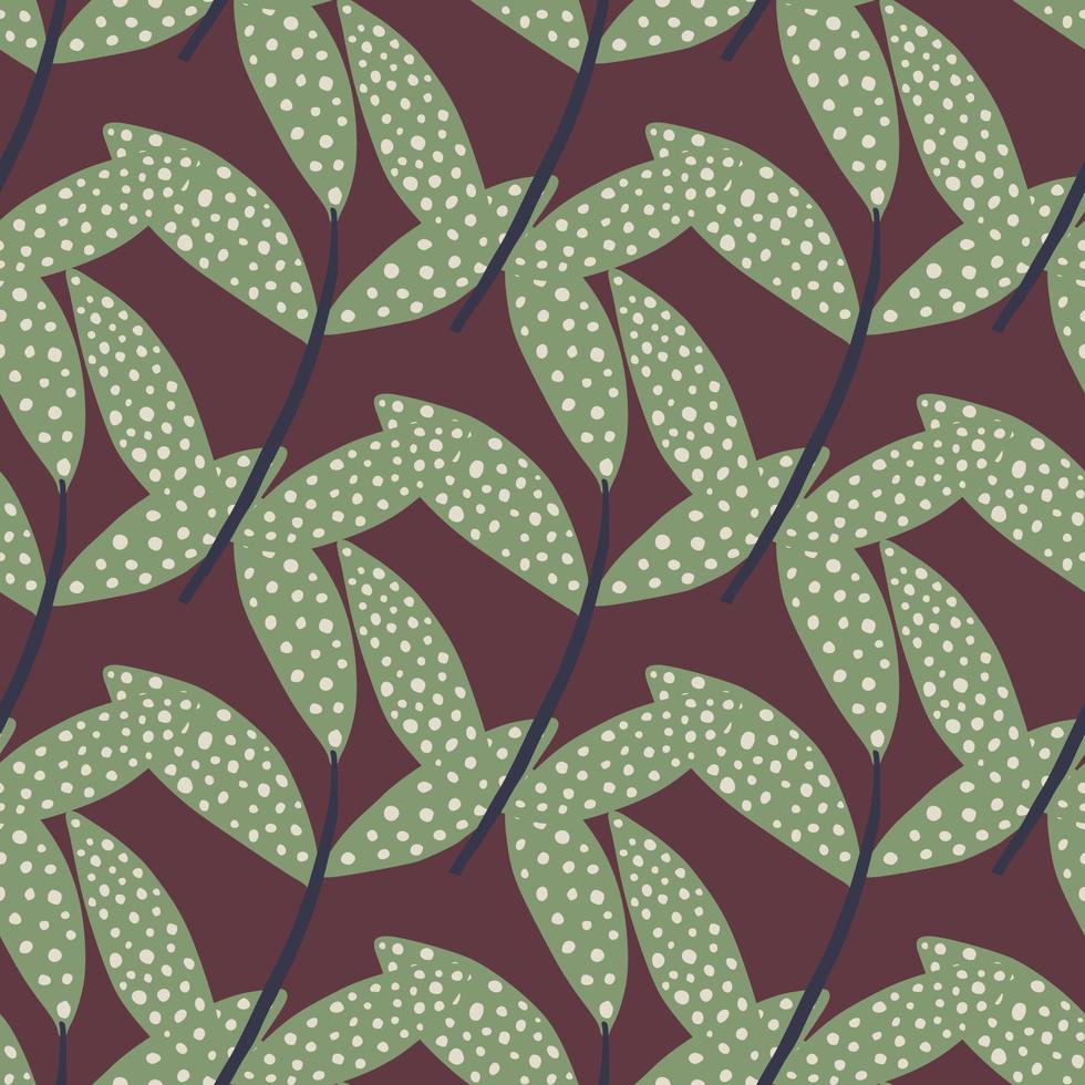 patrón sin costuras con ramas punteadas verdes al azar. fondo en tonos burdeos. vector