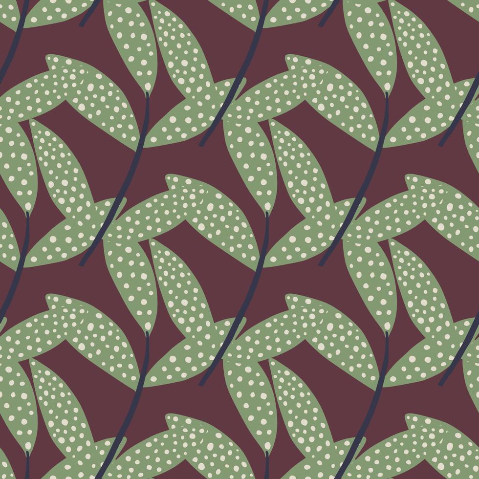 Seamless pattern with random green dotted branches. Background in burgundy tones. vector