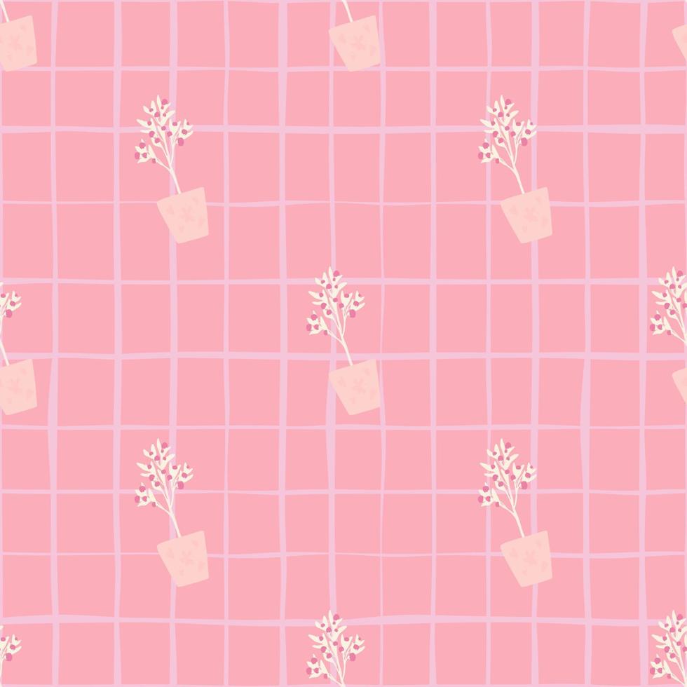 Creative seamless pattern with houseplant ornament. Chequered background. Interior artwork in pink palette. vector
