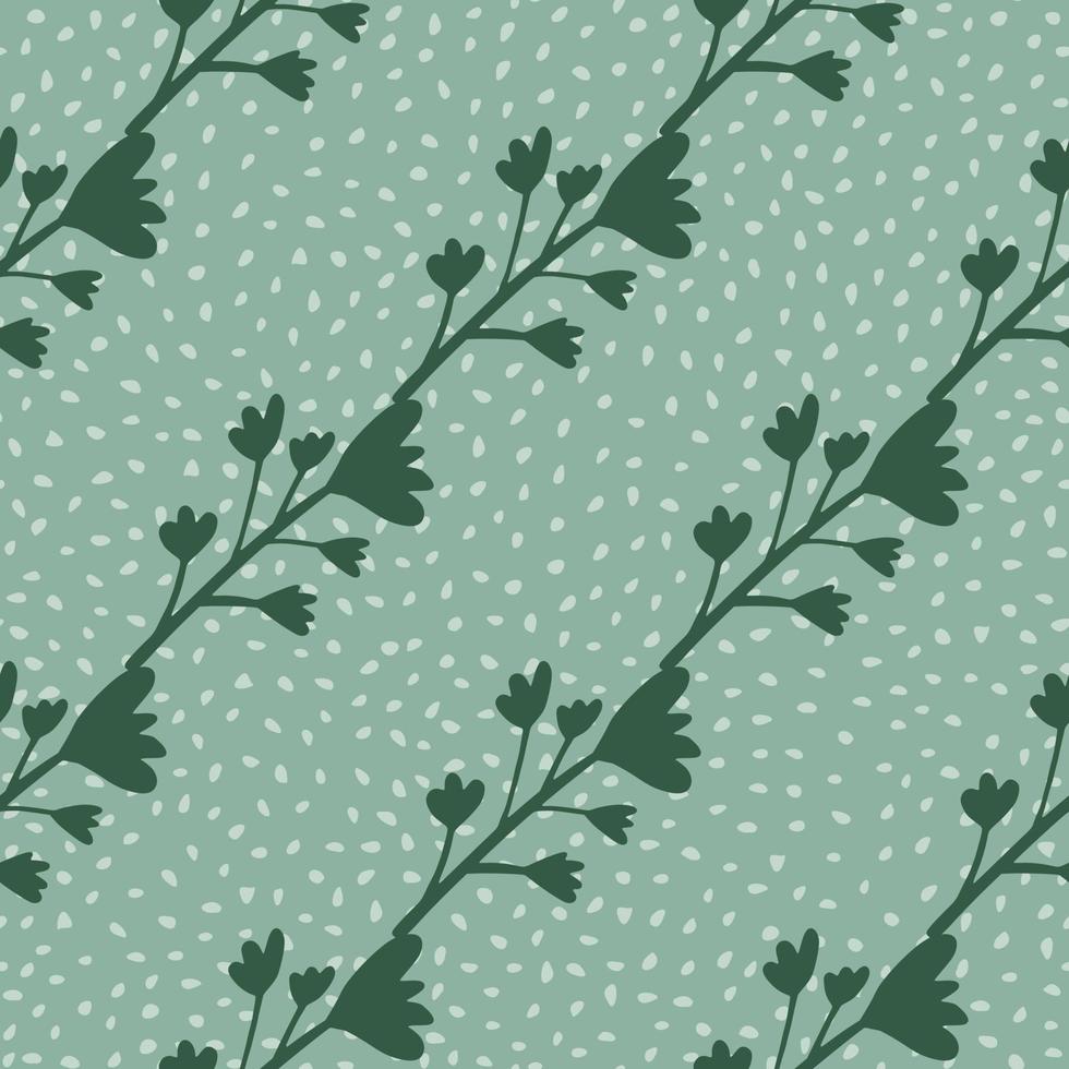 Botanic seamless pattern with green floral silhouette. Blue background with dots. vector