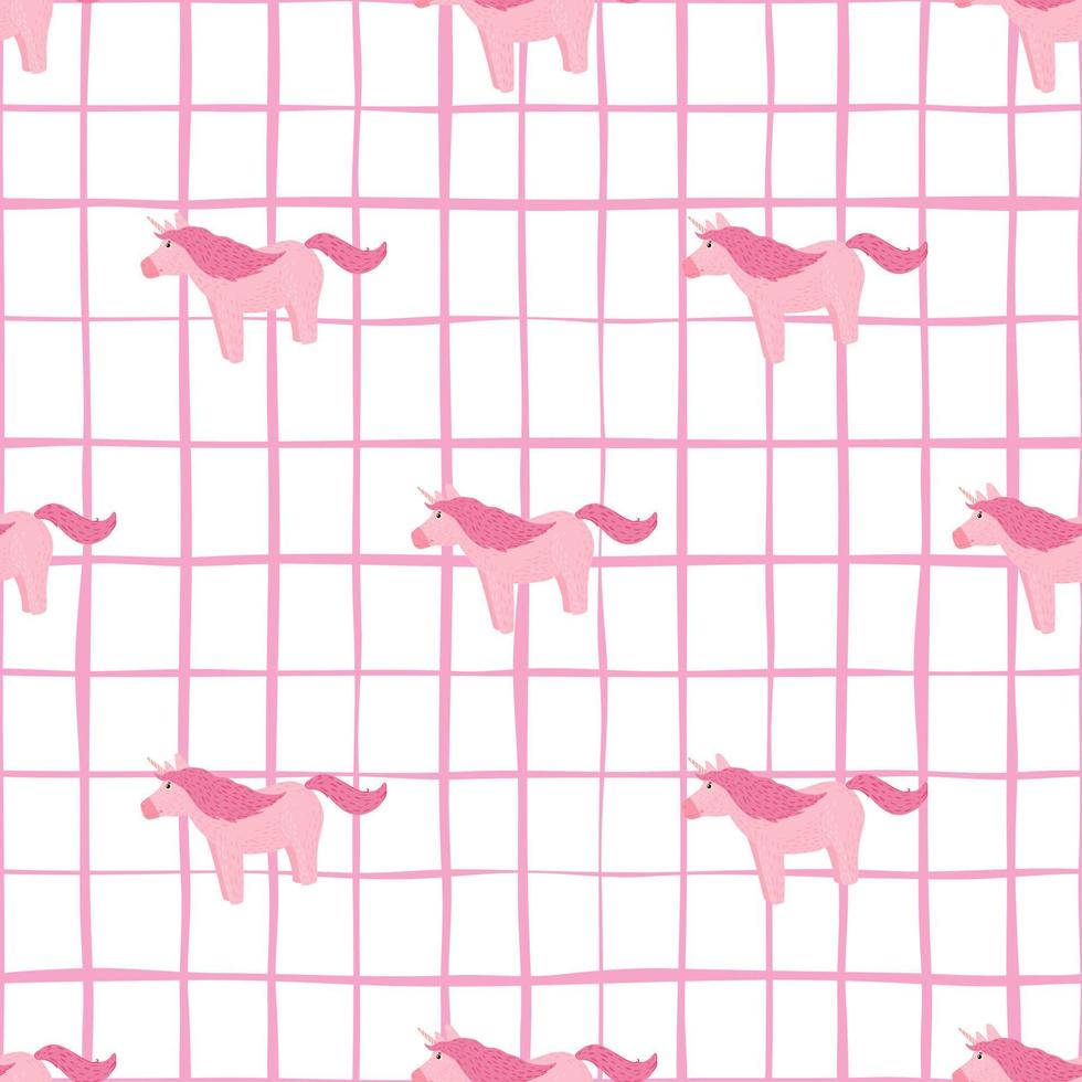 Fairytale seamless pattern with fantasy unicorn silhouettes. Pink pony on white chequered background. Kids backdrop. vector