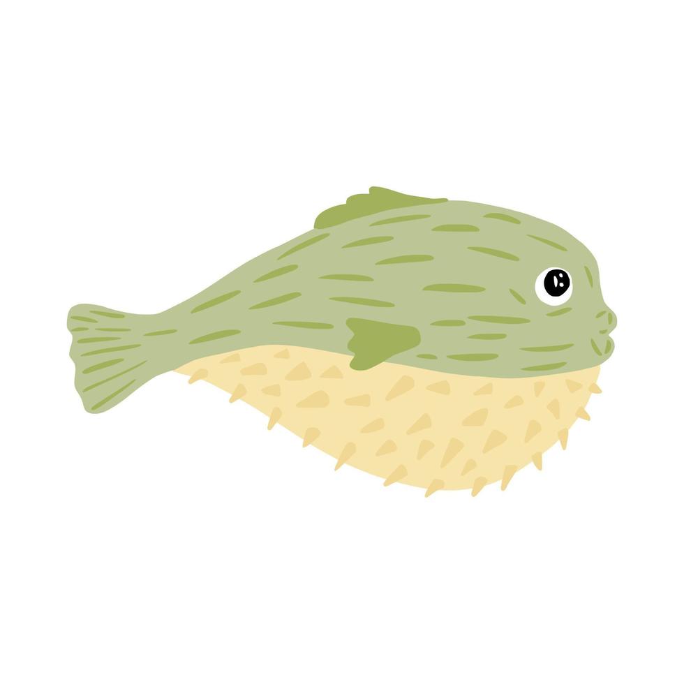 Puffer isolated on white background. Beautiful aquatic character green color in hand drawn style. vector