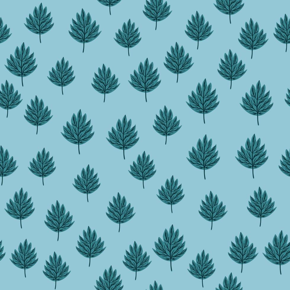 Seamless random pattern with little navy blue fall leaf ornament. Light blue background. vector