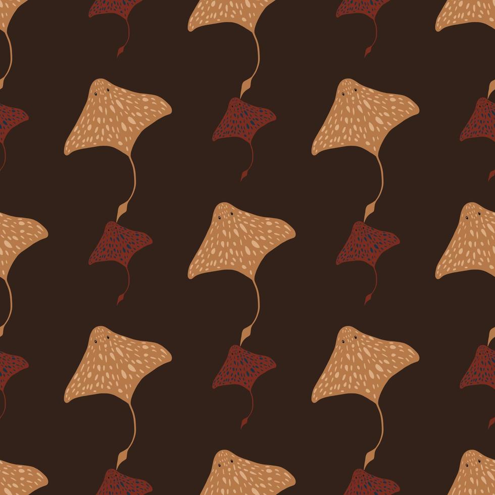 Beige and maroon colored stingray seamless doodle pattern. Dark brown background. Simple style. vector