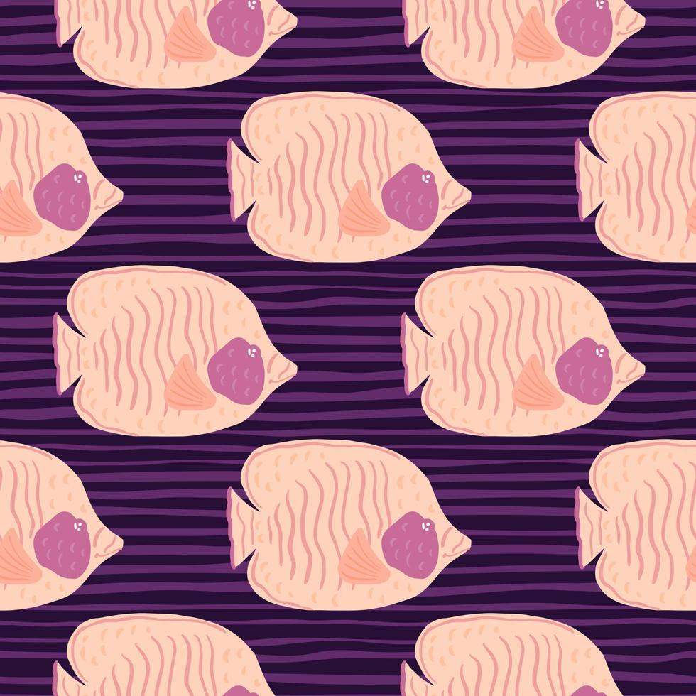 Bright seamless pattern with light pink colored butterfly fish ornament. Purple striped background. vector