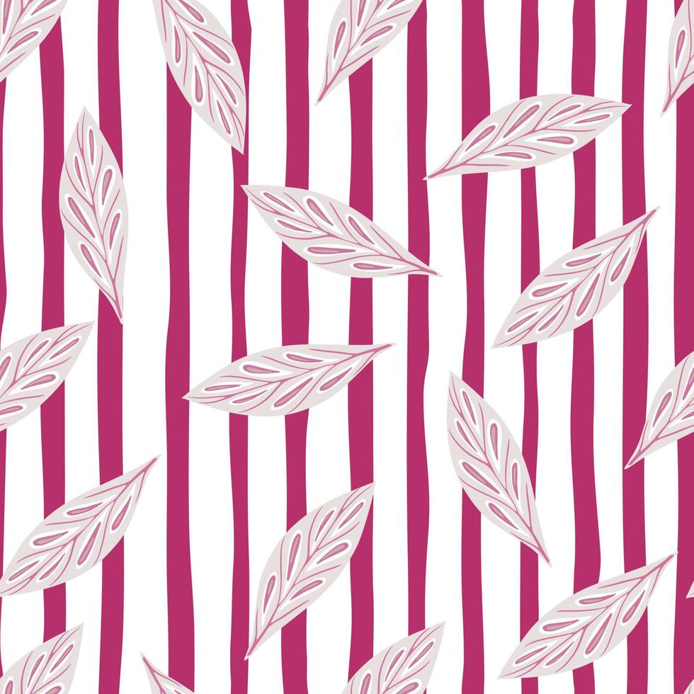 Random pink geometric leaf silouettes seamless pattern in doodle style. Red and white striped background. vector