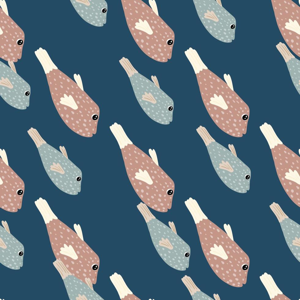 patrón sin costuras de mar de dibujos animados con elementos de pescado de color azul y rosa impresos. fondo azul marino oscuro. vector