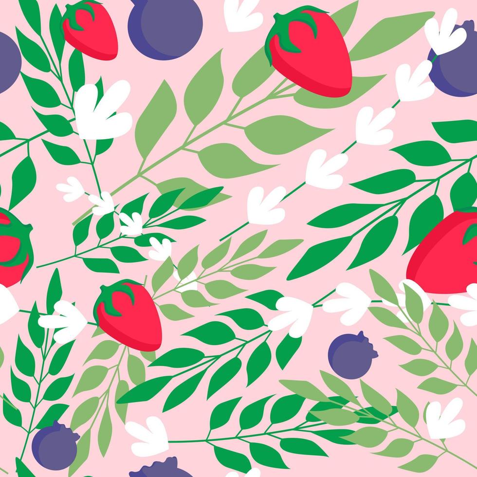 Grass leaves and wild strawberry seamless pattern vector