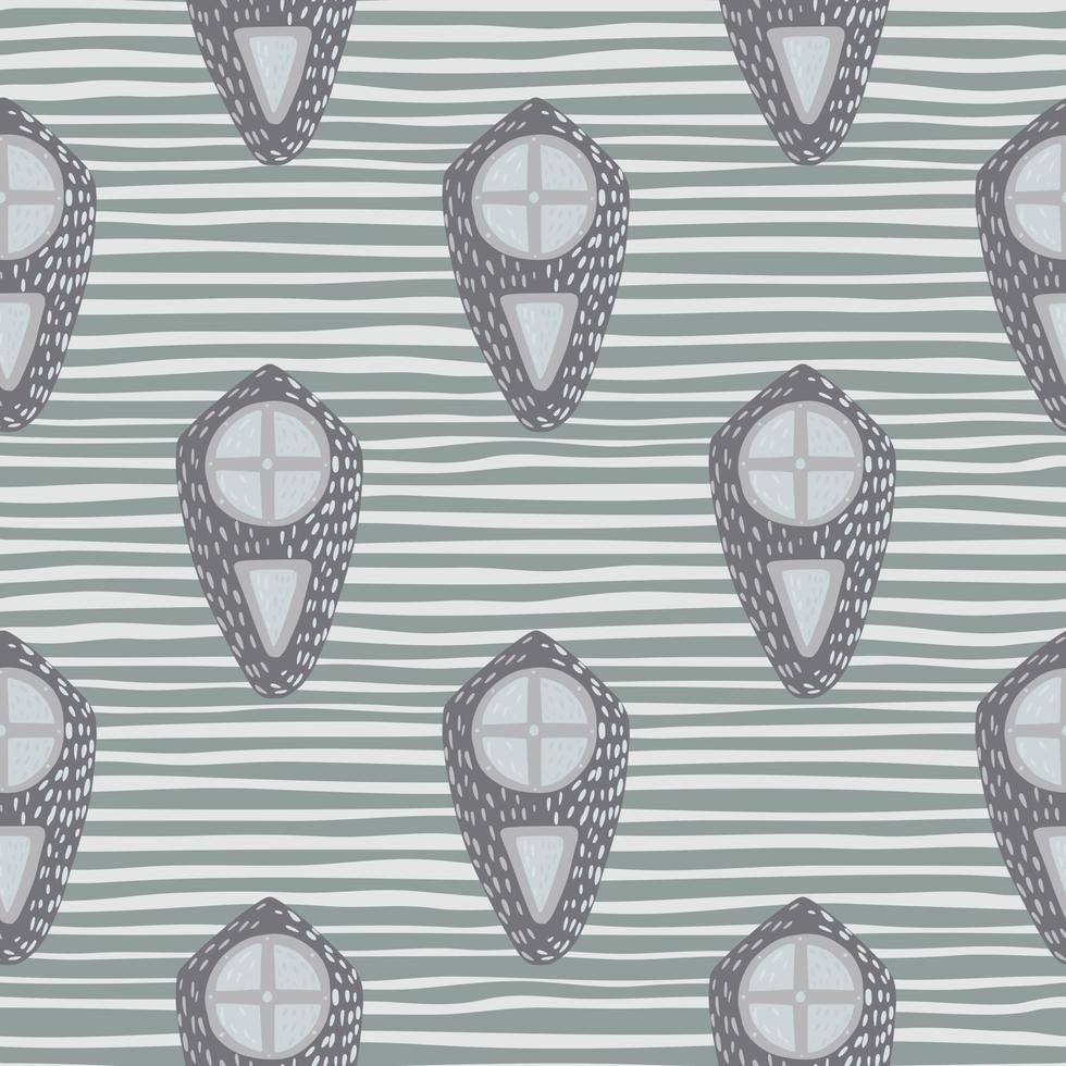 Scandinavian seamless pattern with medieval shiels silhouettes. Grey palette protection artwork. Old history print on striped background. vector