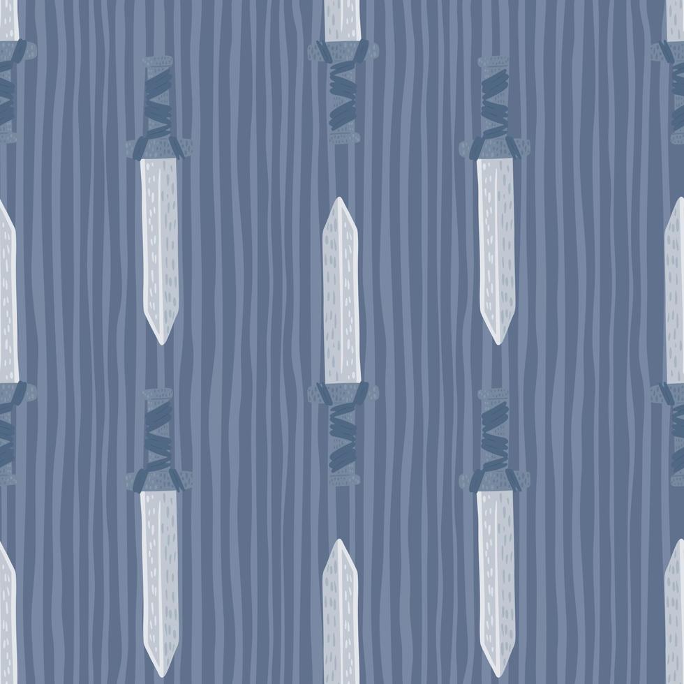 Middle ages seamless doodle pattern with sword ornament. Warrior sharp ornament on blue striped background. vector