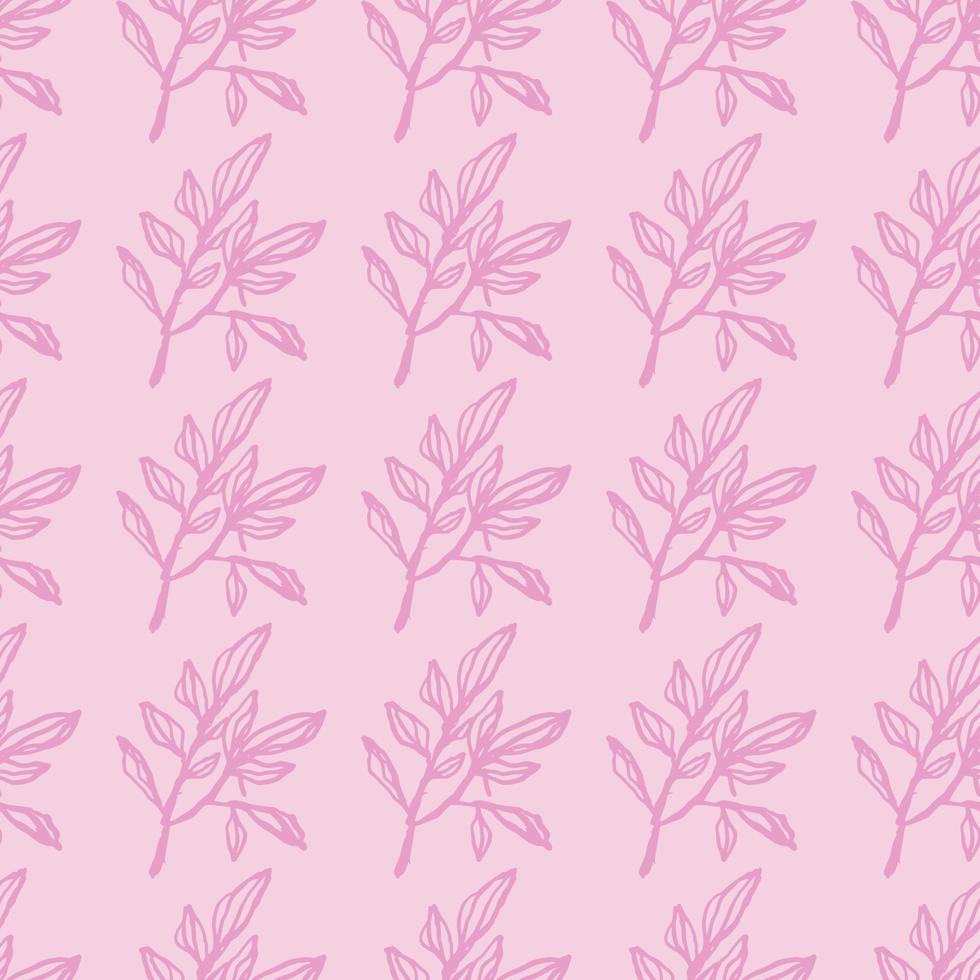 Lilac contoured botanic branches seamless pattern. Simple botanic ornament on soft pink background. vector