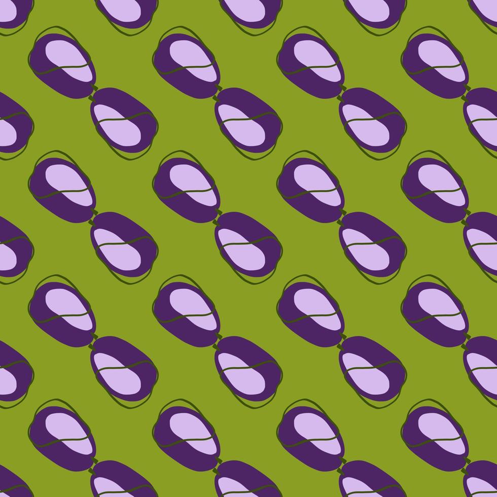 Purple contoured plum silhouettes seamless doodle pattern. Green background. Abstract fruits backdrop. vector