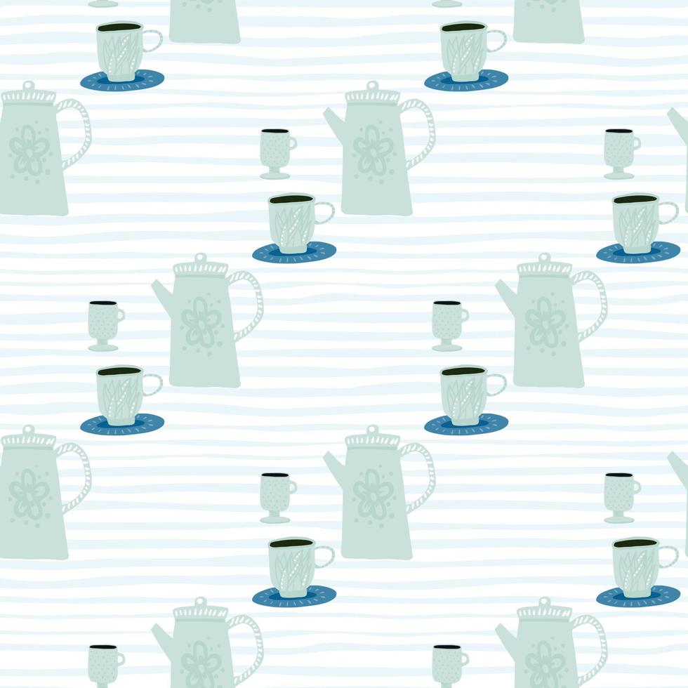Light tea ceremony seamless pattern. Doodle hand drawn dishes print in light blue color on white stripped background. vector