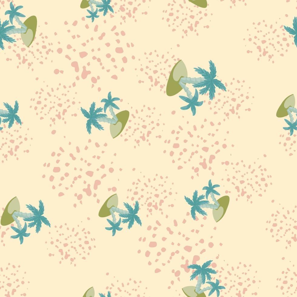 Hawaiian seamless pattern with blue random island and palm tree print. Light pink background with splashes. vector