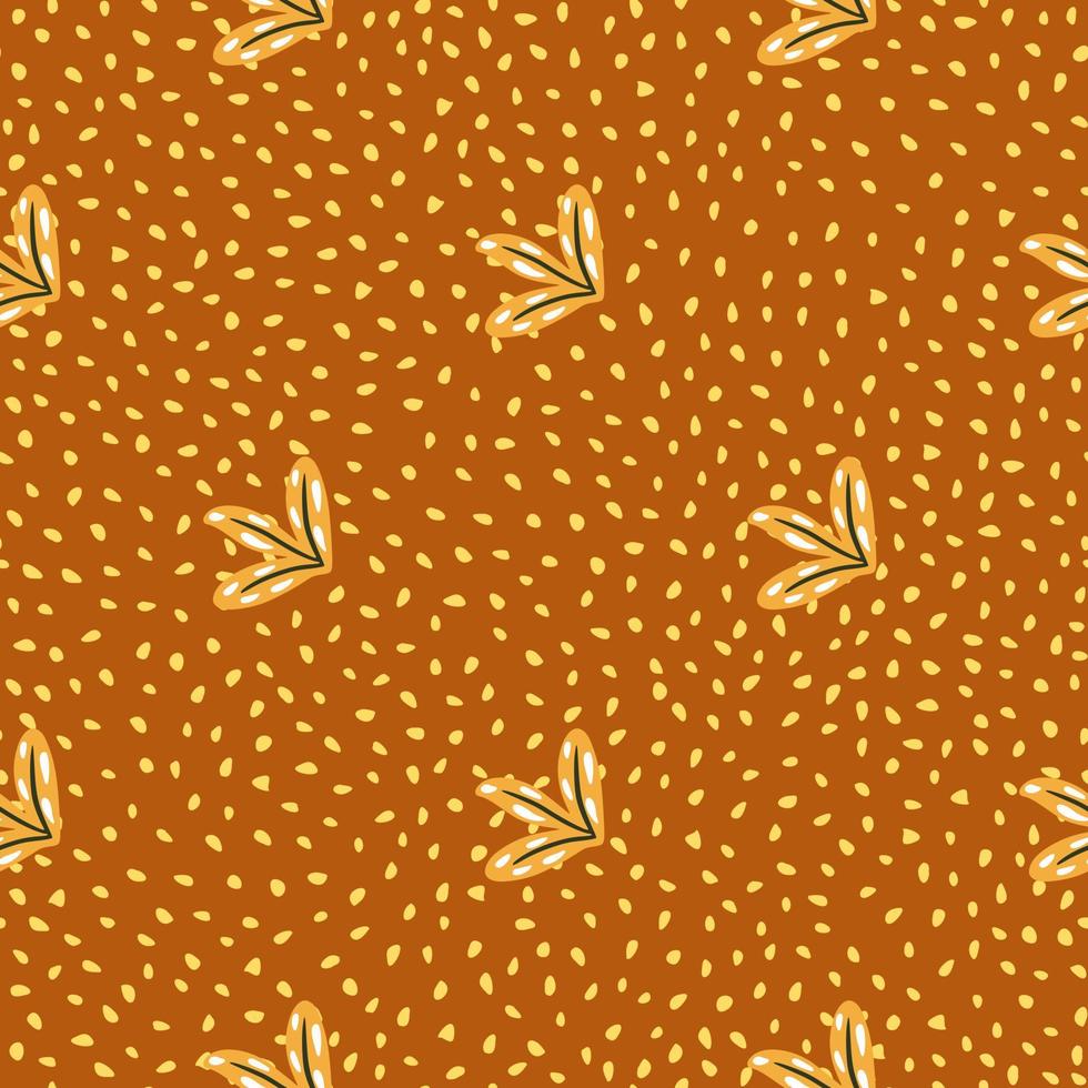 Nature autumn seamless pattern with doodle simple leaves ornament. Brown dotted background. Scrapbook print. vector