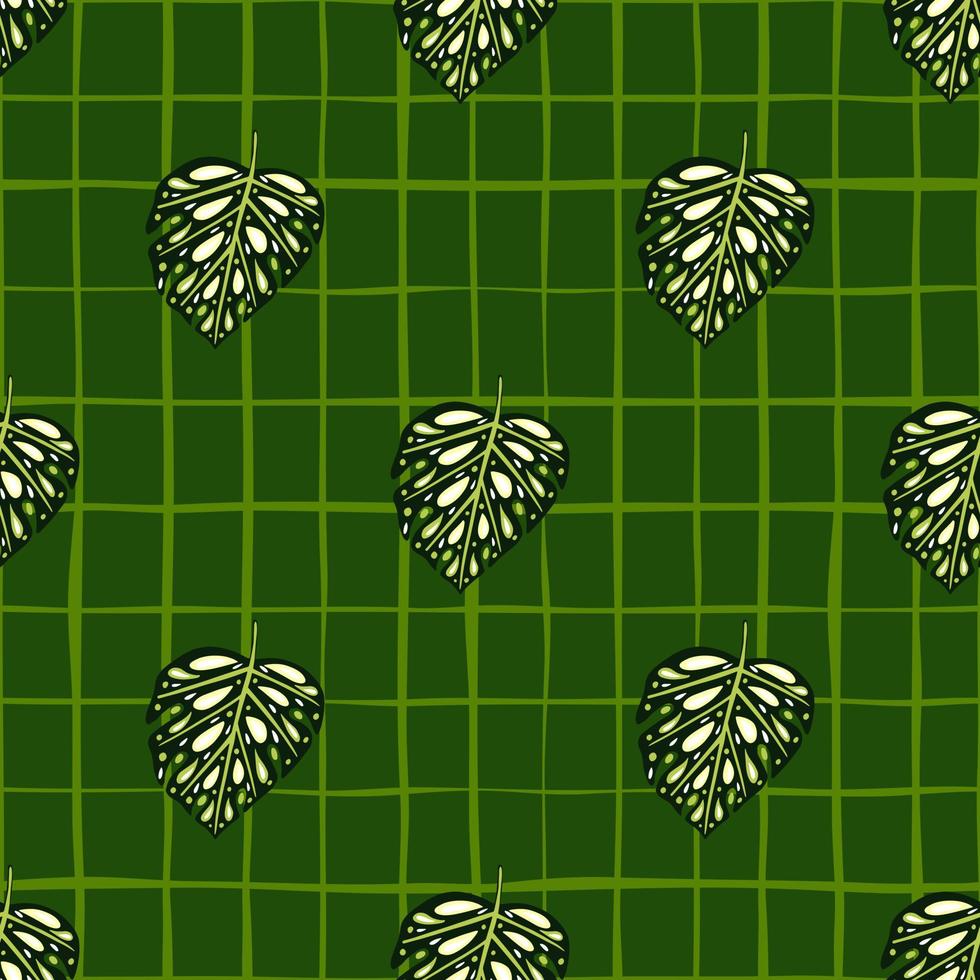 Jungle seamless pattern with doodle monstera exotic elements. Green chequered background. Sketch print. vector