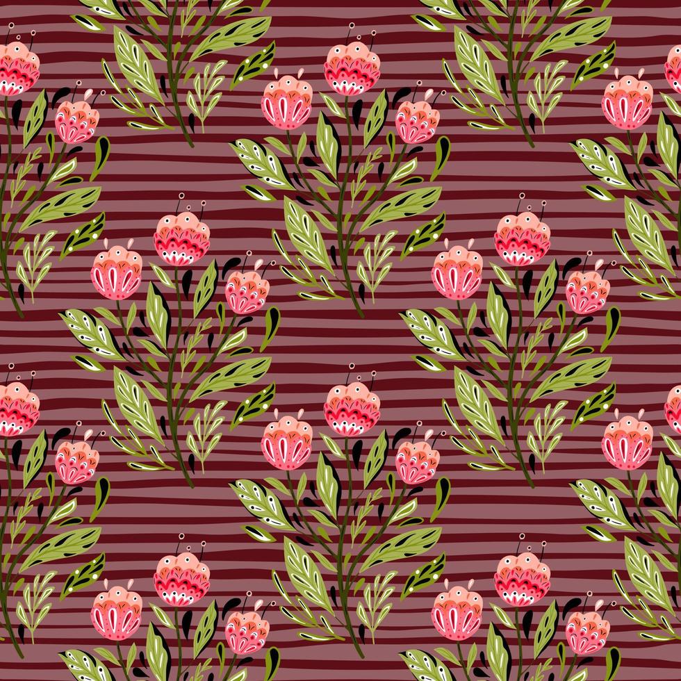 Hand drawn pink flowers print in ethnic style seamless pattern. Maroon pale background with strips. vector