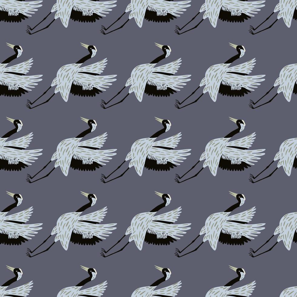 Seamless japanese pattern with light crane bird shapes. Dark grey background. Doodle simple design. vector