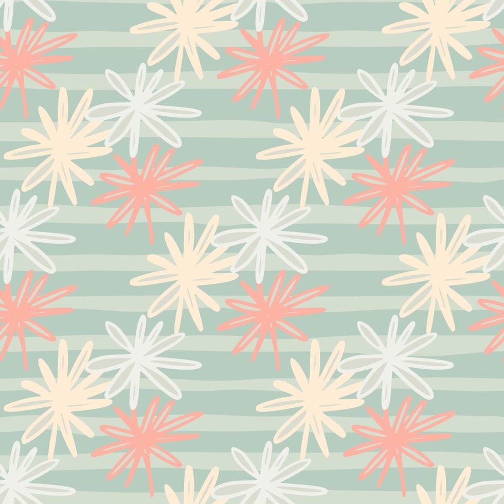 Tender seamless pattern with chamomile abstract silhouettes. Stripped background. Light pink and blue flower elements. vector