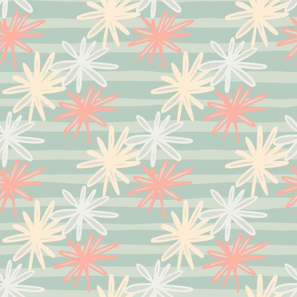 Tender seamless pattern with chamomile abstract silhouettes. Stripped background. Light pink and blue flower elements. vector