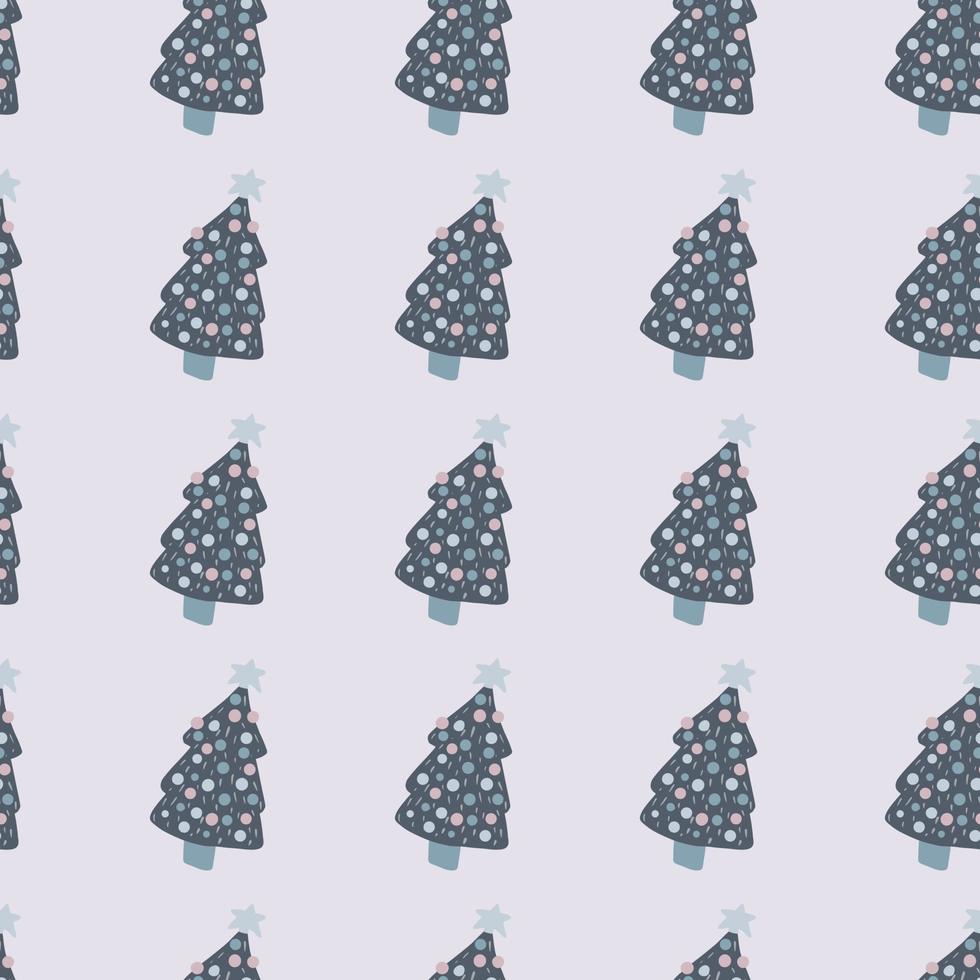 Seamless scandi pattern with fir tree new year silhouettes. Light pastel background with navy blue forest elements. vector