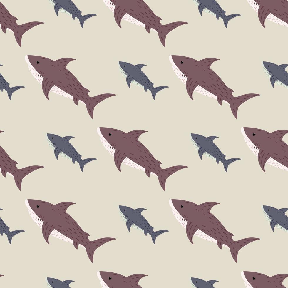 Pastel seamless hand drawn shark pattern in underwater animal style. Light beige background. vector