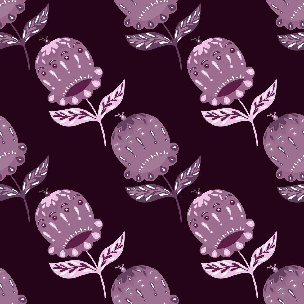 Dark nature seamless ethno pattern with hand drawn folk flower bud shapes. Purple and maroon palette. vector
