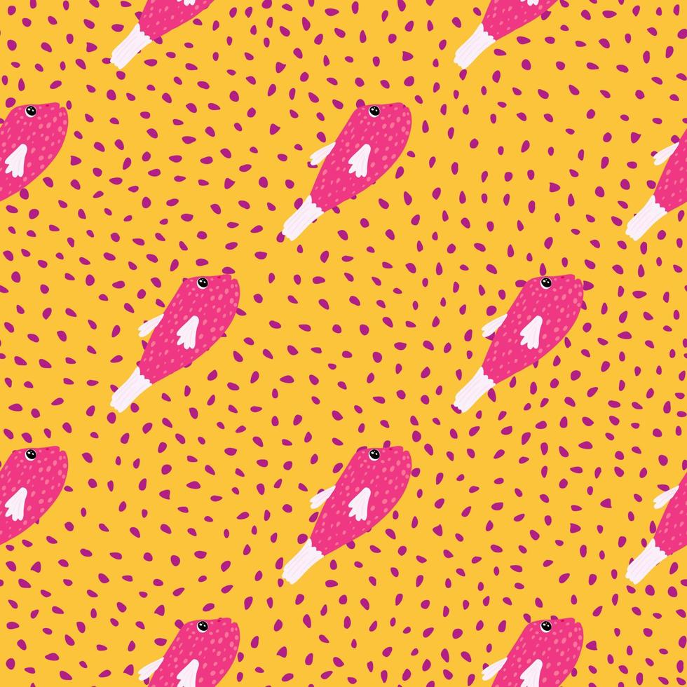 Pink abstract simple fish silhouettes seamless pattern in doodle style. Orange dotted background. vector